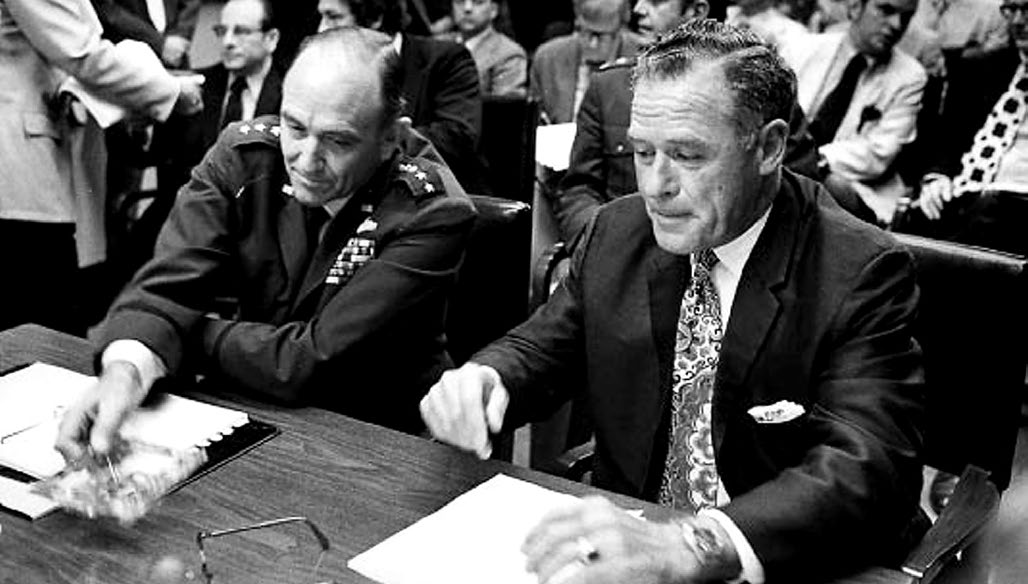 Sitting side by side, then-Air Force Chief of Staff Gen. John Ryan and recently fired Maj. Gen. John Lavelle testified before a House Armed Services subcommittee in 1972, as Congress investigated whether Lavelle acted within his authority or not in directing bombings in North Vietnam (Photo courtesy of Air and Space Forces Magazine)